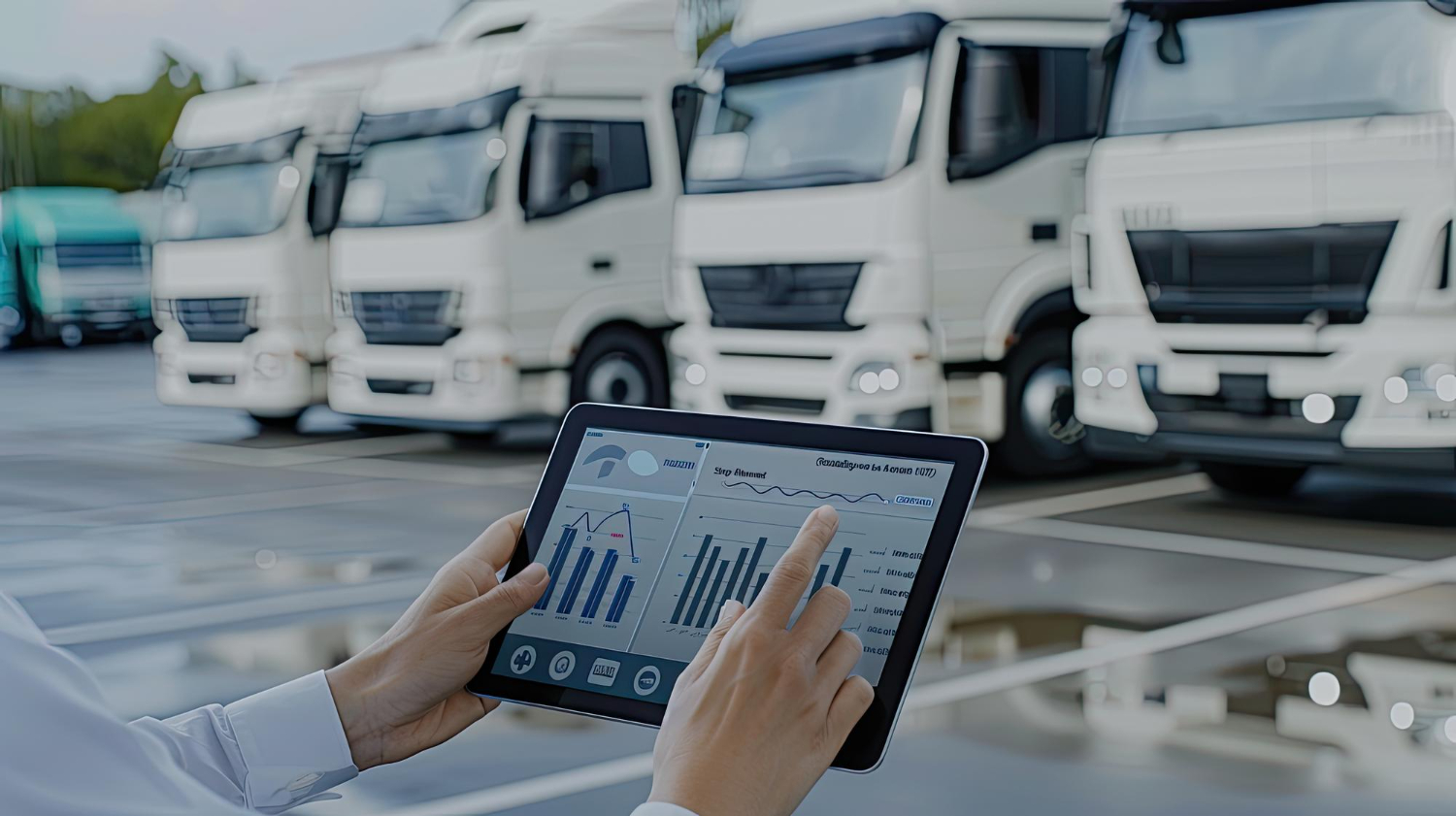 Tablet con plataforma unificada frente a una flota de tractocamiones